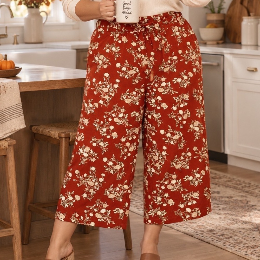 Torrid Rust Orange Floral Wide Leg Crop Pants Plus 4x Elastic Waist Tie Belt D2